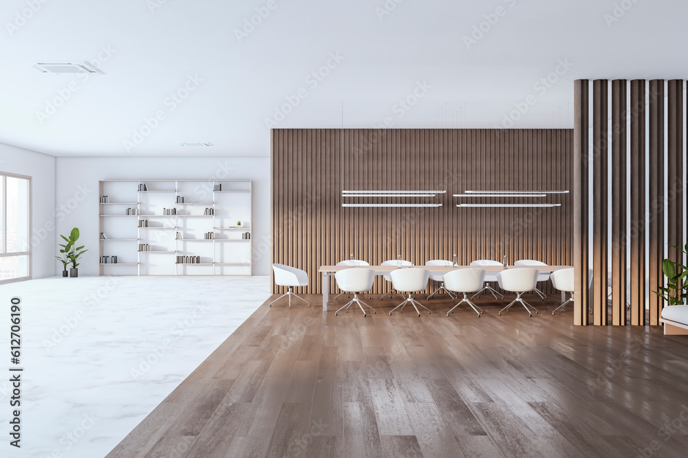 Modern empty concrete and wooden meeting room interior with bookshelf, window, furniture and other o