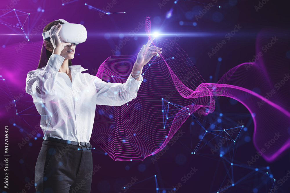 Attractive young businesswoman with VR glasses on creative glowing purple metaverse space background