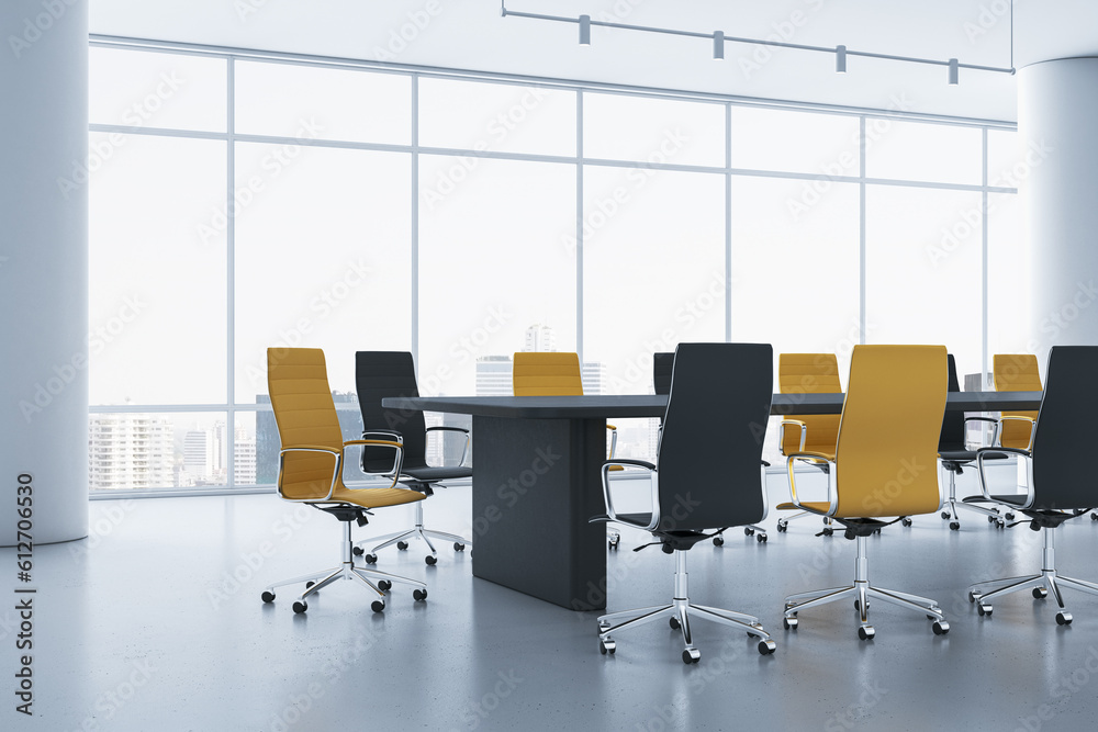 Clean concrete meeting room interior with colorful chairs, desk and panoramic window with city view.