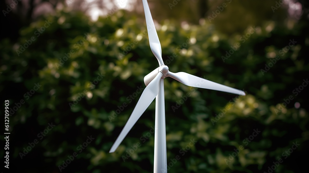 Wind turbine set against a background of vibrant green leaves. This creative juxtaposition symbolize