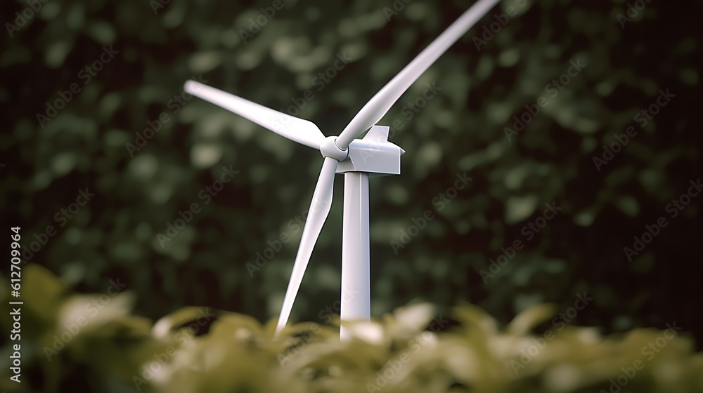 Wind turbine set against a background of vibrant green leaves. This creative juxtaposition symbolize