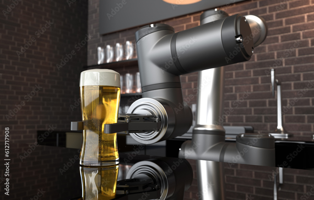 A robotic arm pours and serves beer at the bar counter, Robots are serving beer.