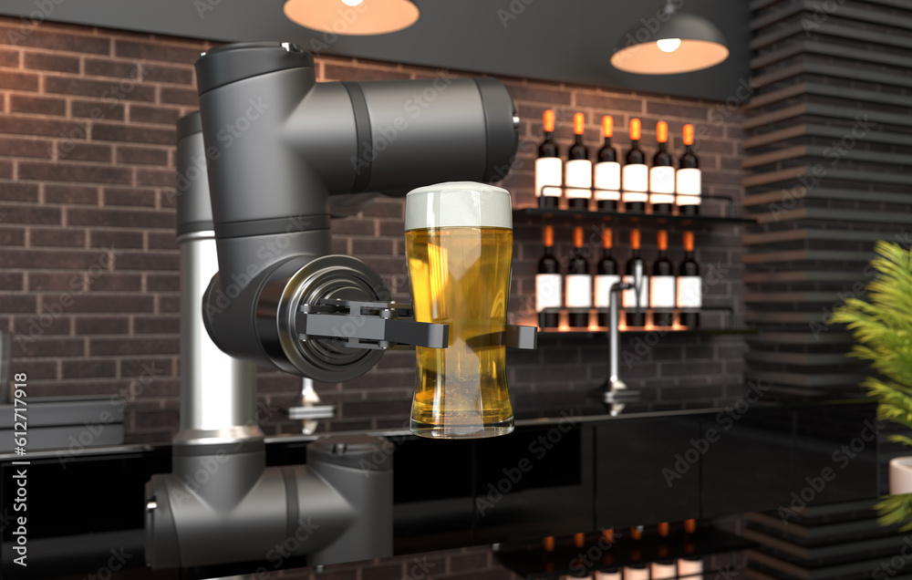 A robotic arm pours and serves beer at the bar counter, Robots are serving beer.