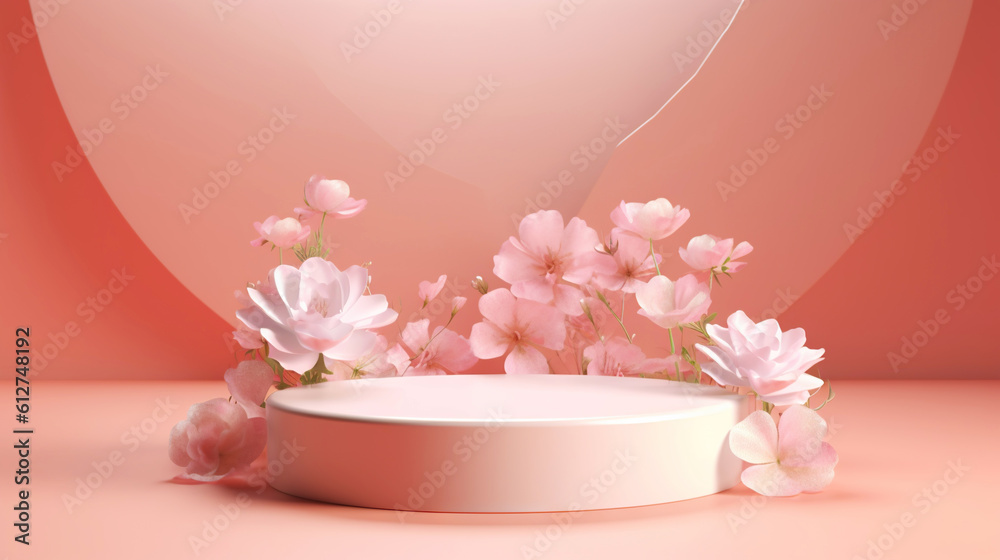 Podium with pink roses on pastel pink background to display products, gift or cosmetics. Generative 