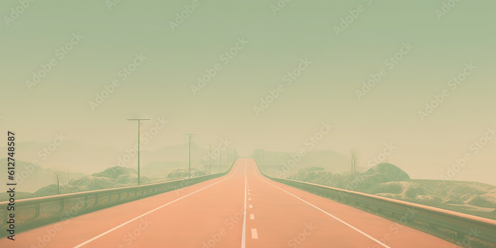 Minimalistic misty empty highway. Foggy road. Mystery travel concept. Generative AI