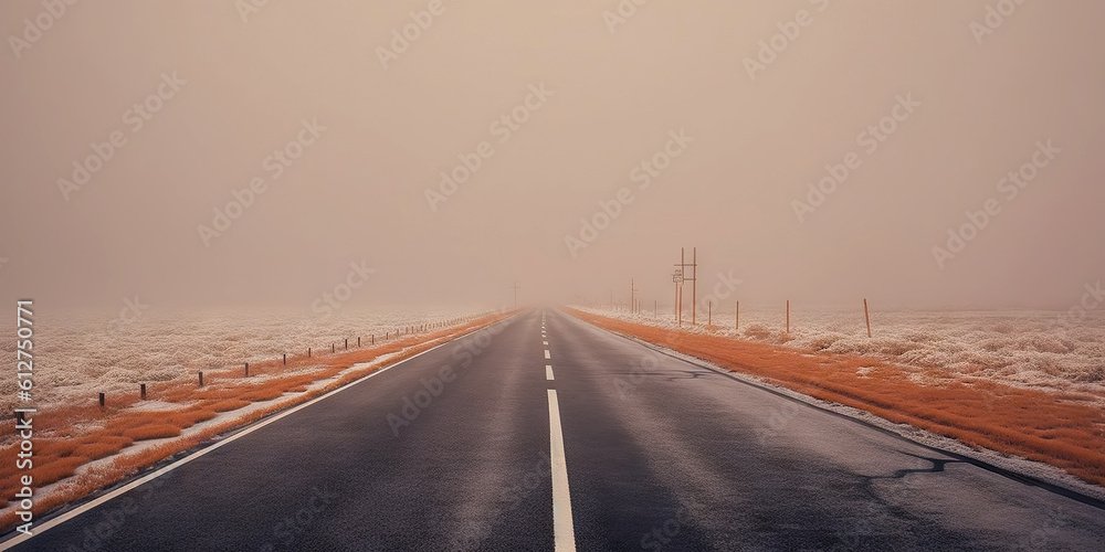 Minimalistic empty highway in winter. Road surrounded snow. Travel concept. Generative AI