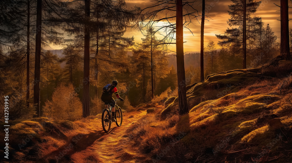 Mountain biker riding on bike in spring inspirational forest landscape. Man cycling on enduro trail 