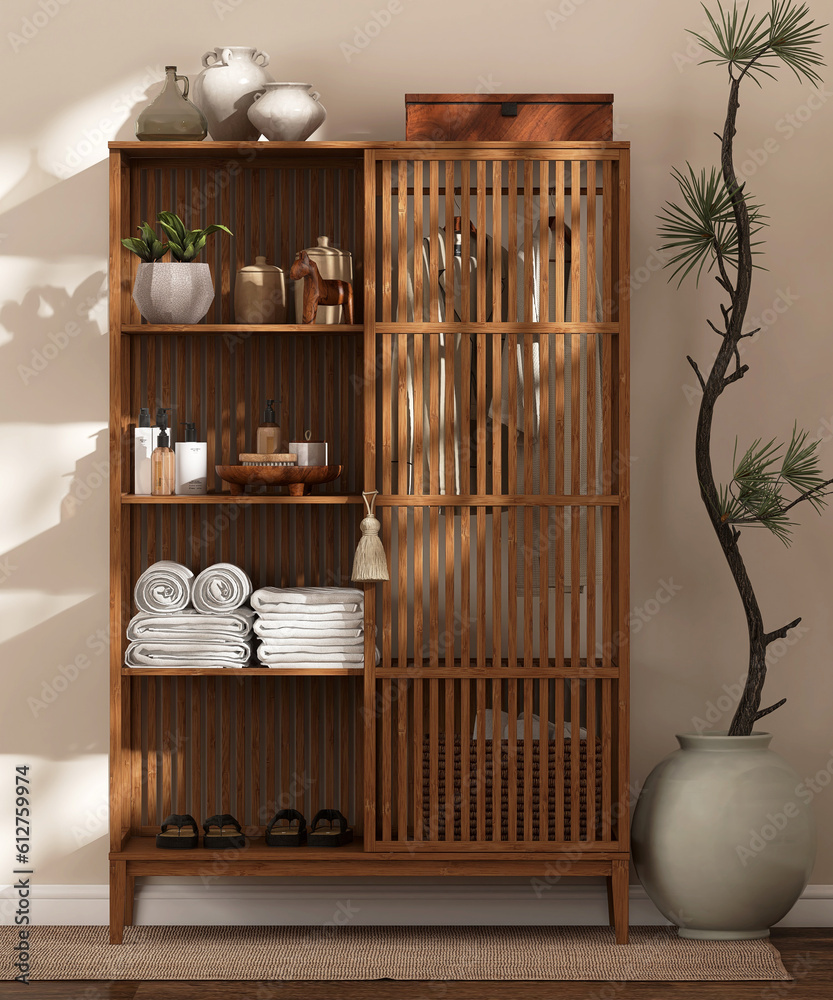 Natural brown bamboo wood wardrobe, shelf in sunlight, shadow on blank beige fabric texture wallpape