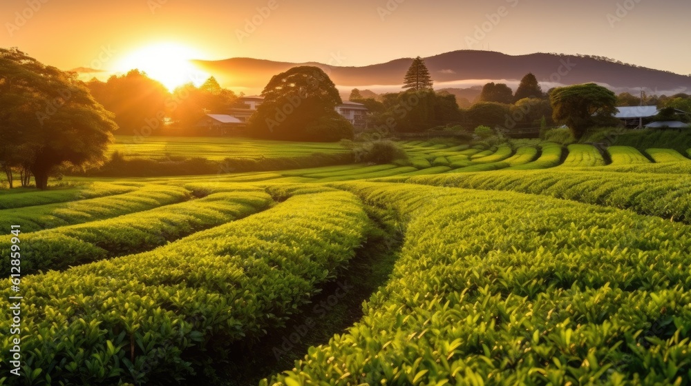 Mountain Fuji. Green tea plantation near Mount Fuji, Shizuoka Prefecture,Japan. Generetive Ai