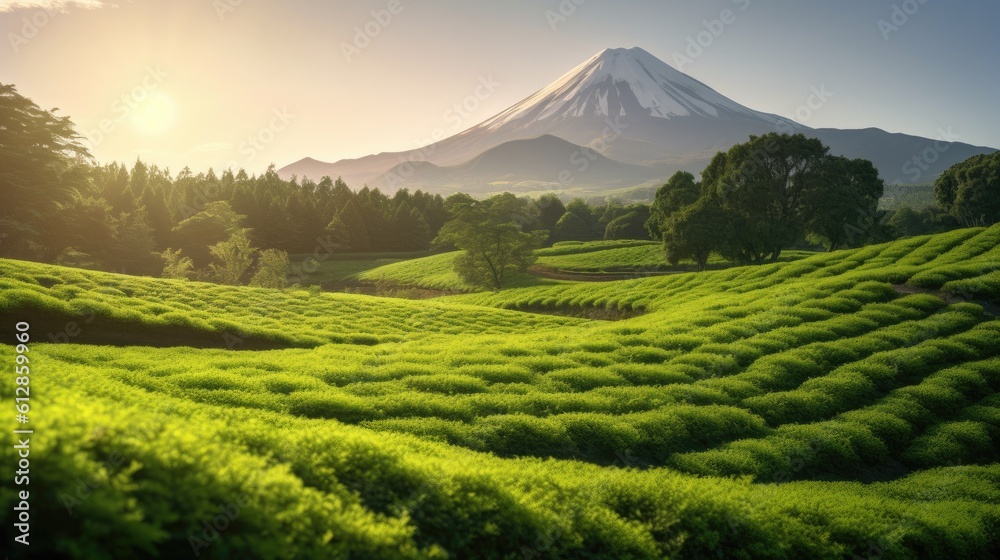 Mountain Fuji. Green tea plantation near Mount Fuji, Shizuoka Prefecture,Japan. Generetive Ai