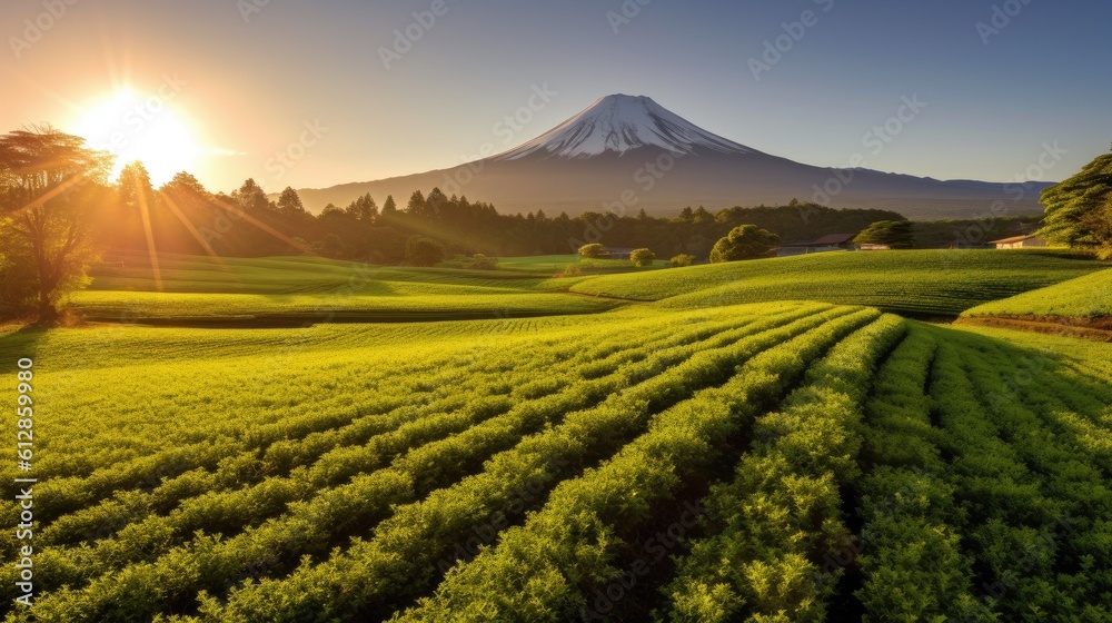 Mountain Fuji. Green tea plantation near Mount Fuji, Shizuoka Prefecture,Japan. Generetive Ai