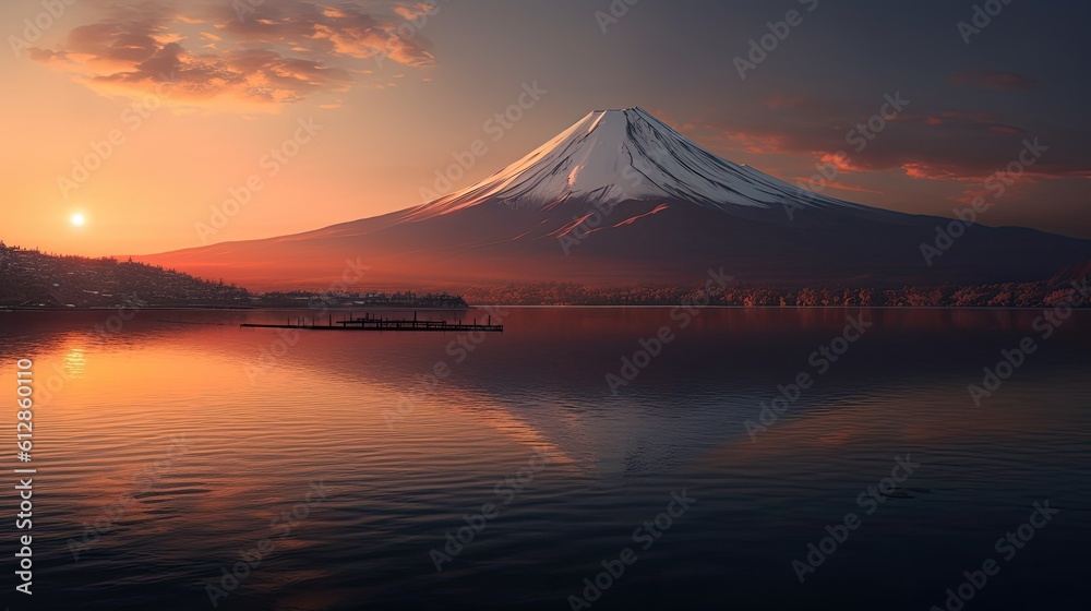 Mount Fuji with sun. Mountain Fuji. Generetive Ai