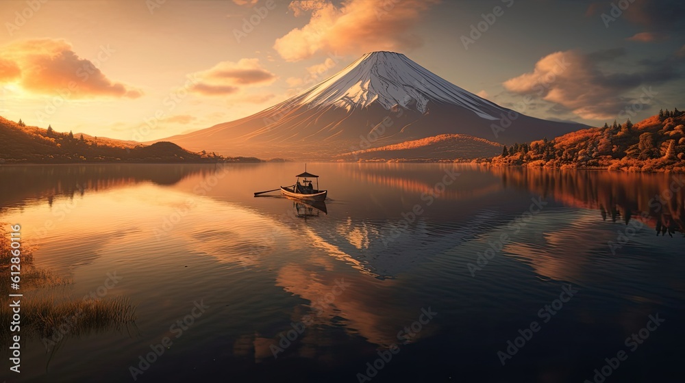 Mount Fuji with sun. Mountain Fuji. Generetive Ai