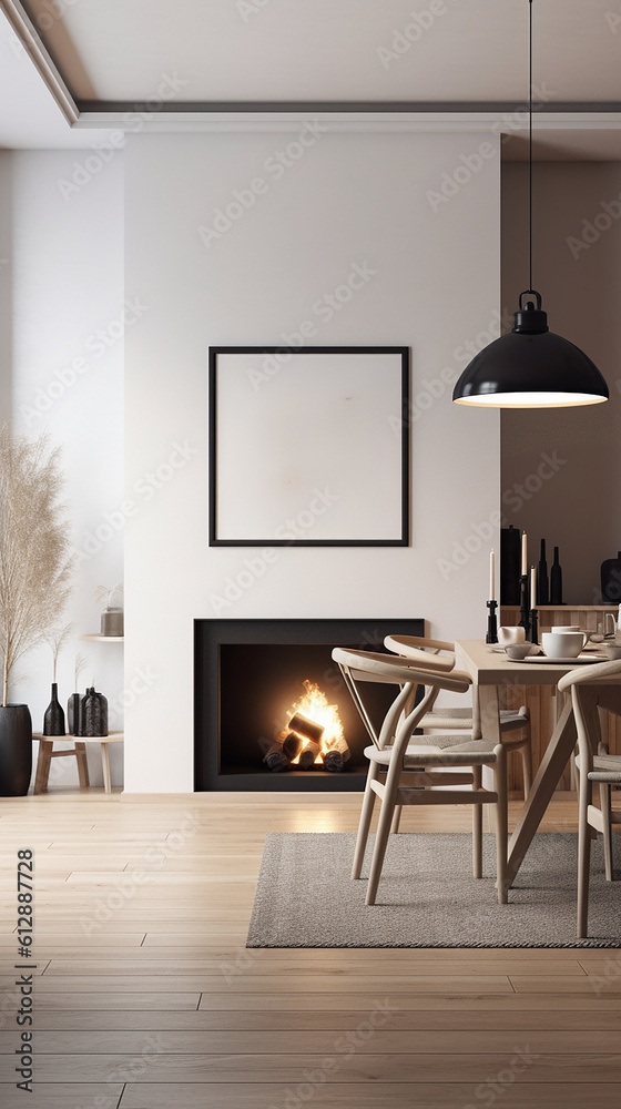 Mock up poster in modern home interior with fireplace, Scandinavian style, for Instagram Story, gene