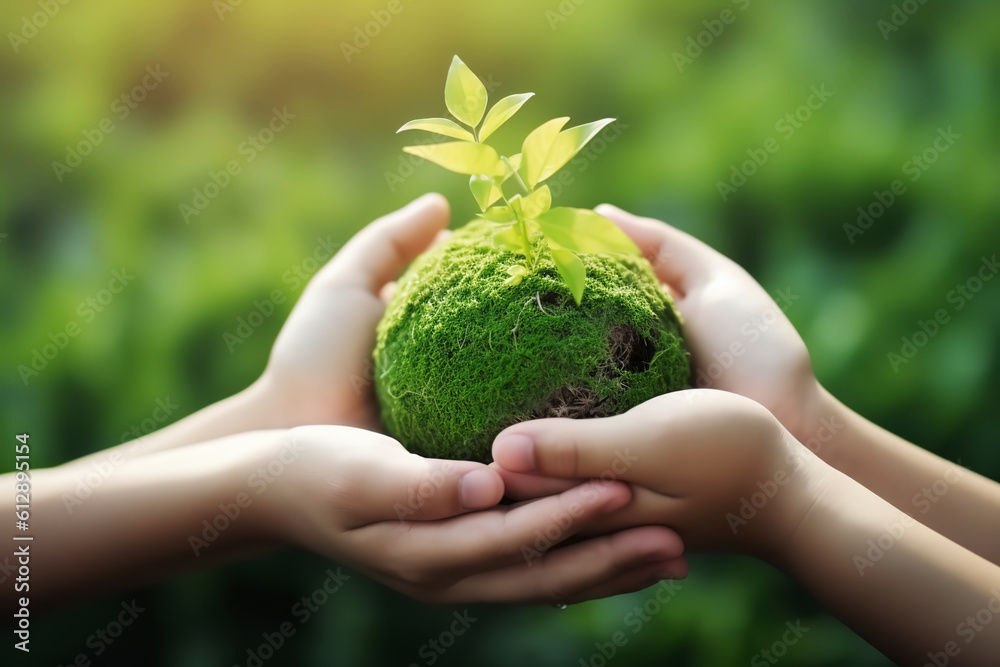 Holding a Green Earth in Hand in a Green Forest - Environmental Concept