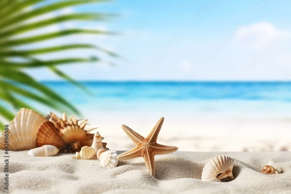 Vacation concept - starfish and seashells on the beach,