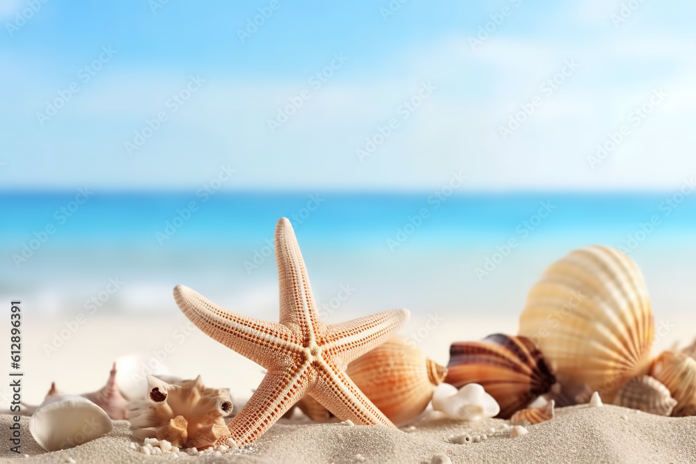 Vacation concept - starfish and seashells on the beach,