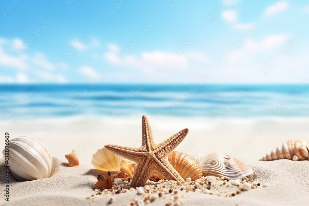 Vacation concept - starfish and seashells on the beach,