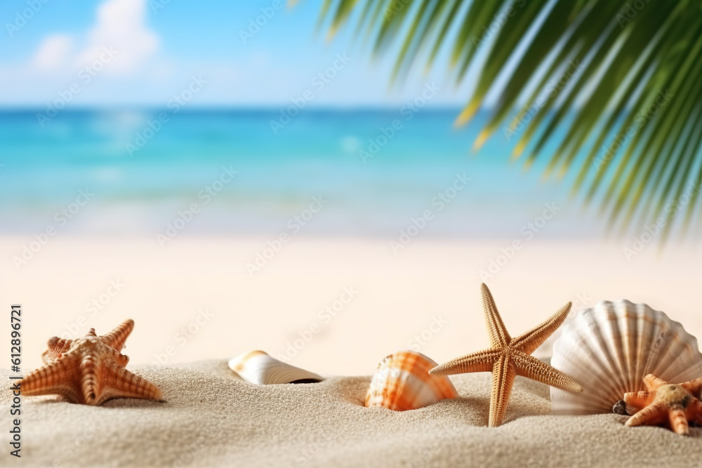 Vacation concept - starfish and seashells on the beach,