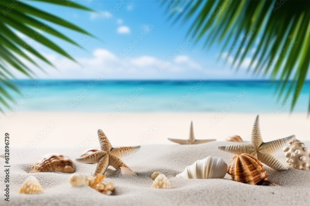 Vacation concept - starfish and seashells on the beach,