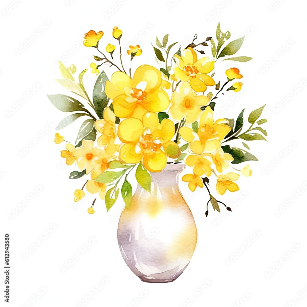 Yellow watercolor flowers in the vase clip art illustration on a white background. Generative AI.