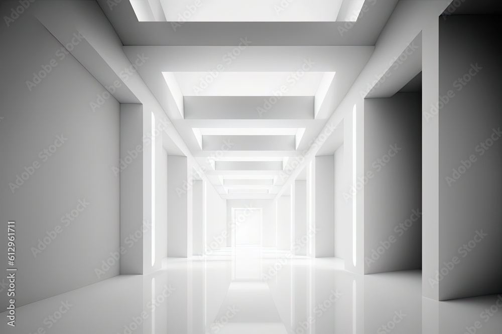 empty, minimalist hallway with bright white walls and modern ceiling lights. Generative AI