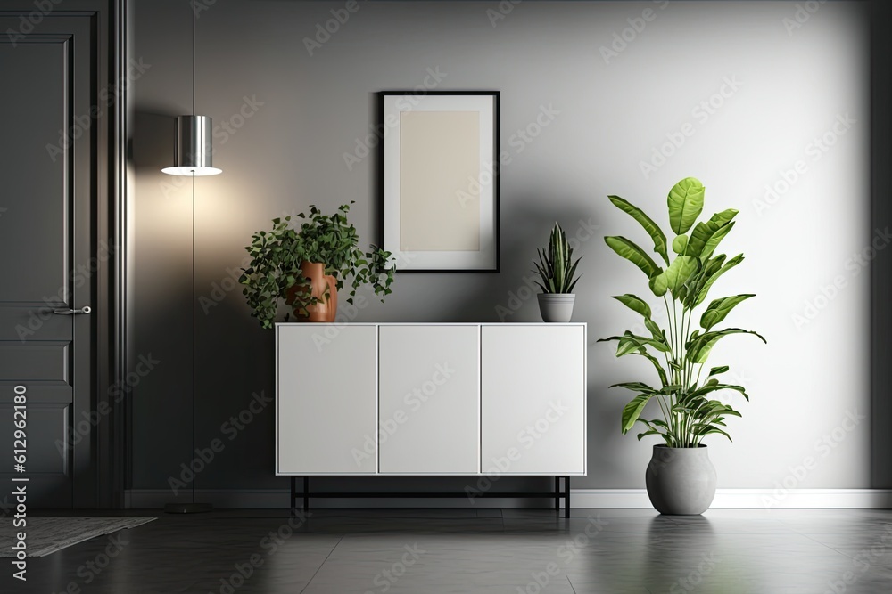 minimalist room with a potted plant and a mirror on the wall. Generative AI