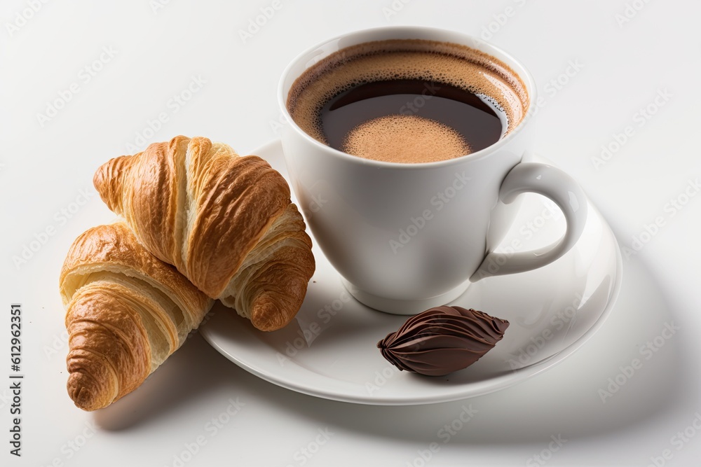 delicious French breakfast with coffee and croissant on a plate. Generative AI