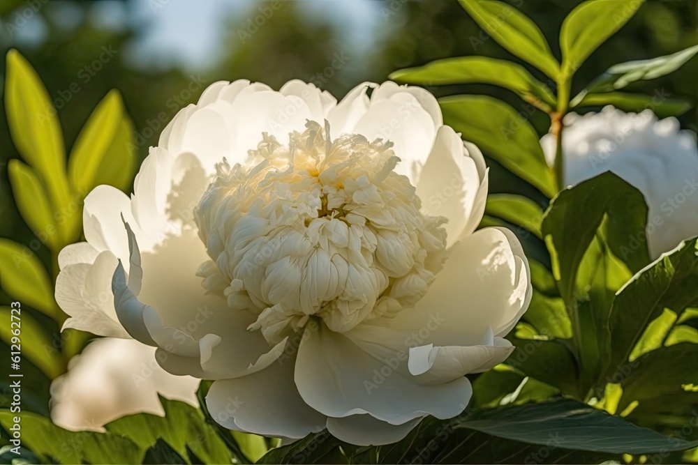 white flower with green leaves on a blurred background. Generative AI