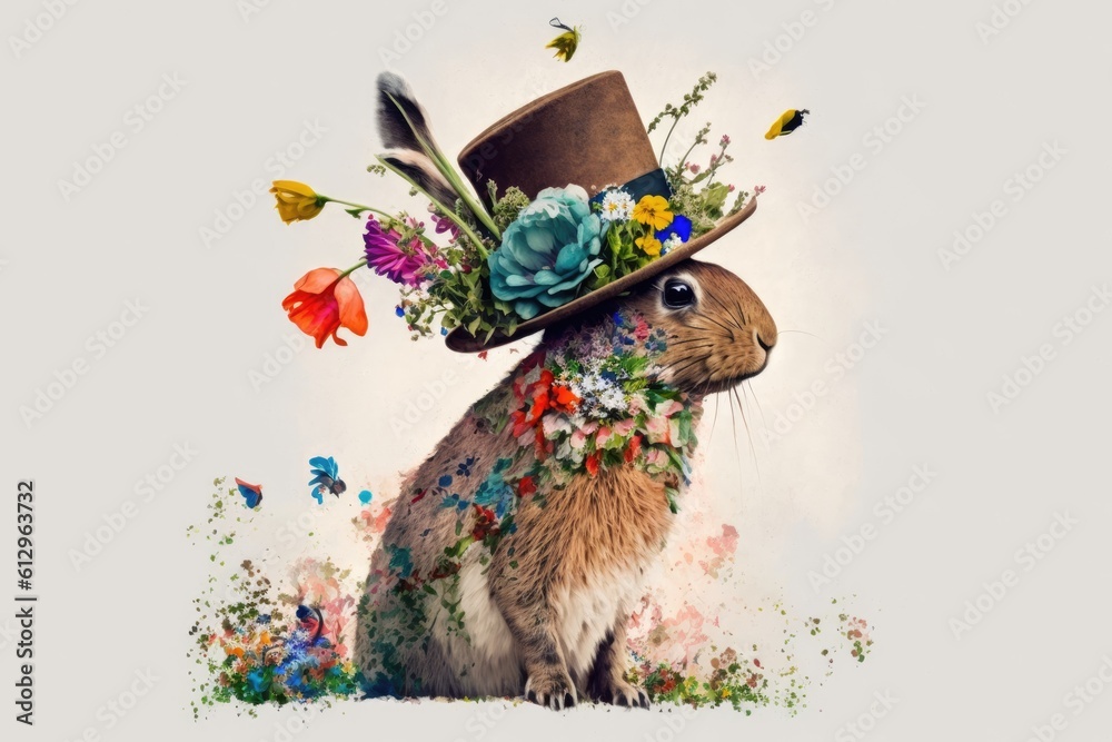 cute rabbit wearing a colorful flower hat. Generative AI