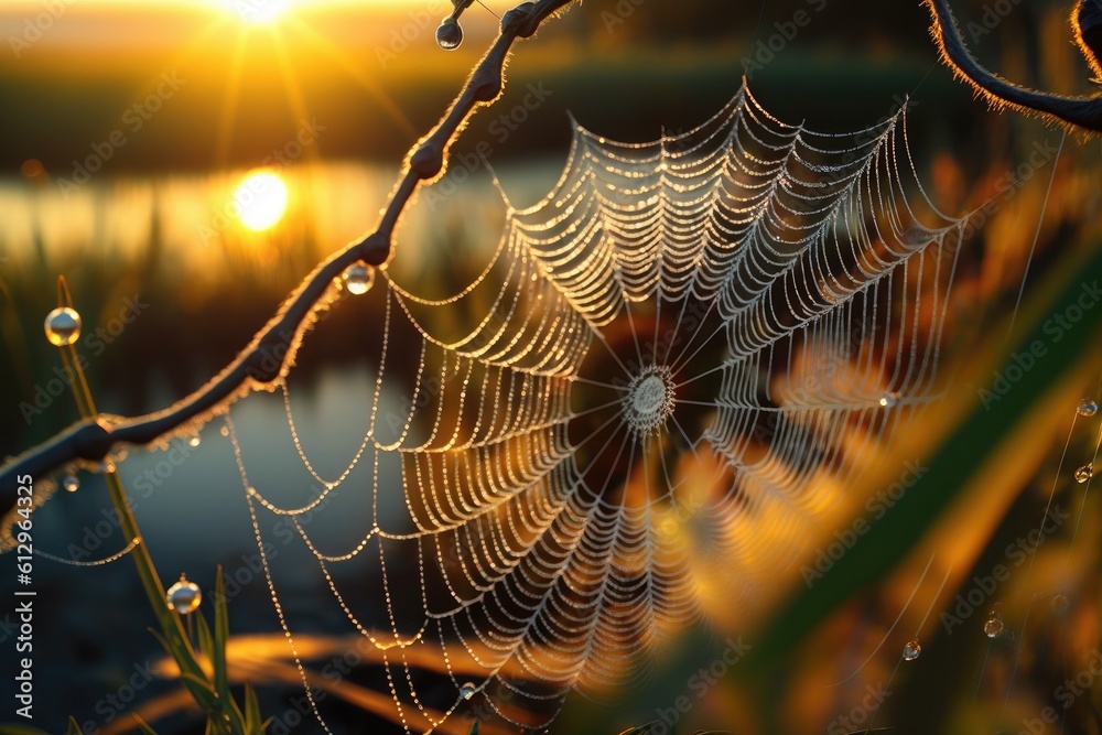 spider web covered in dew against a beautiful sunset. Generative AI