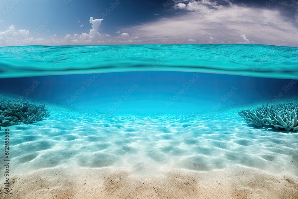 underwater view of a sandy beach with crystal clear blue water. Generative AI