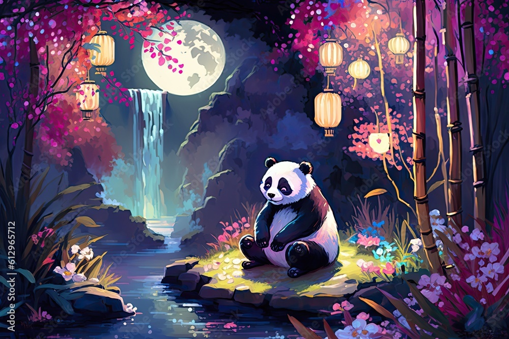 panda bear enjoying a serene waterfall scene. Generative AI