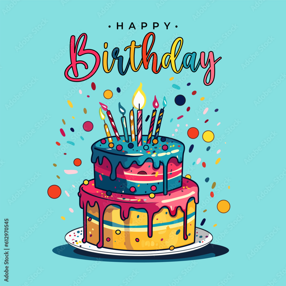 Happy Birthday Card with Cake Vector Illustration.