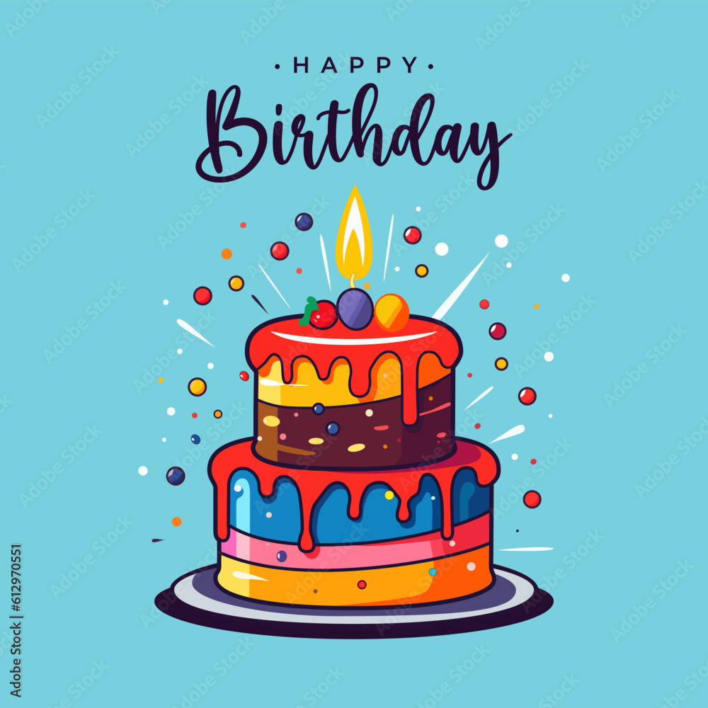 Happy Birthday Card with Cake Vector Illustration.