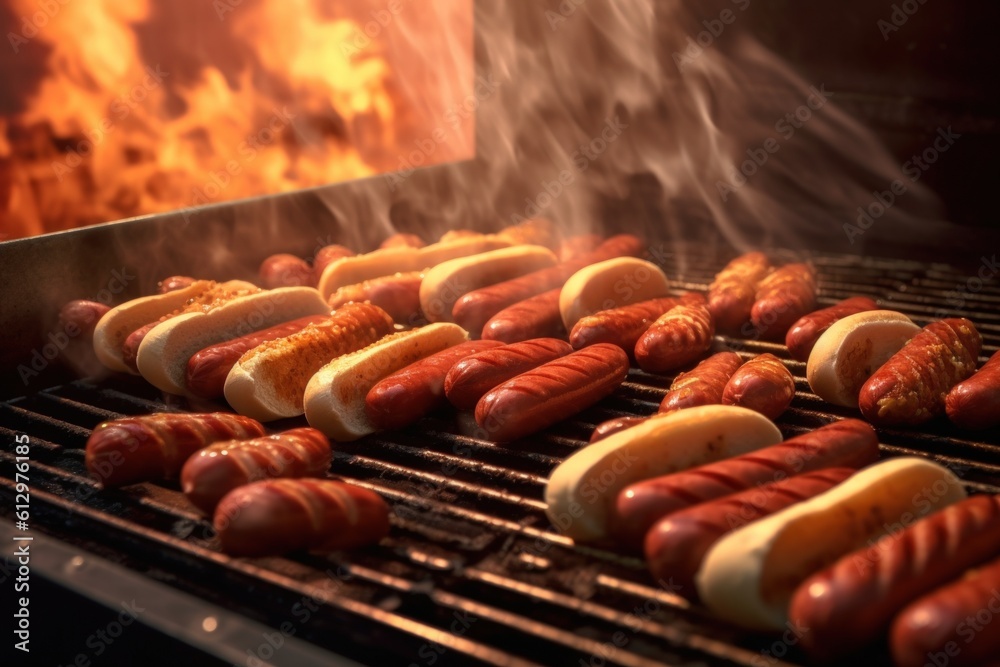 Cooking hot dogs on a grill  Illustration AI Generative.