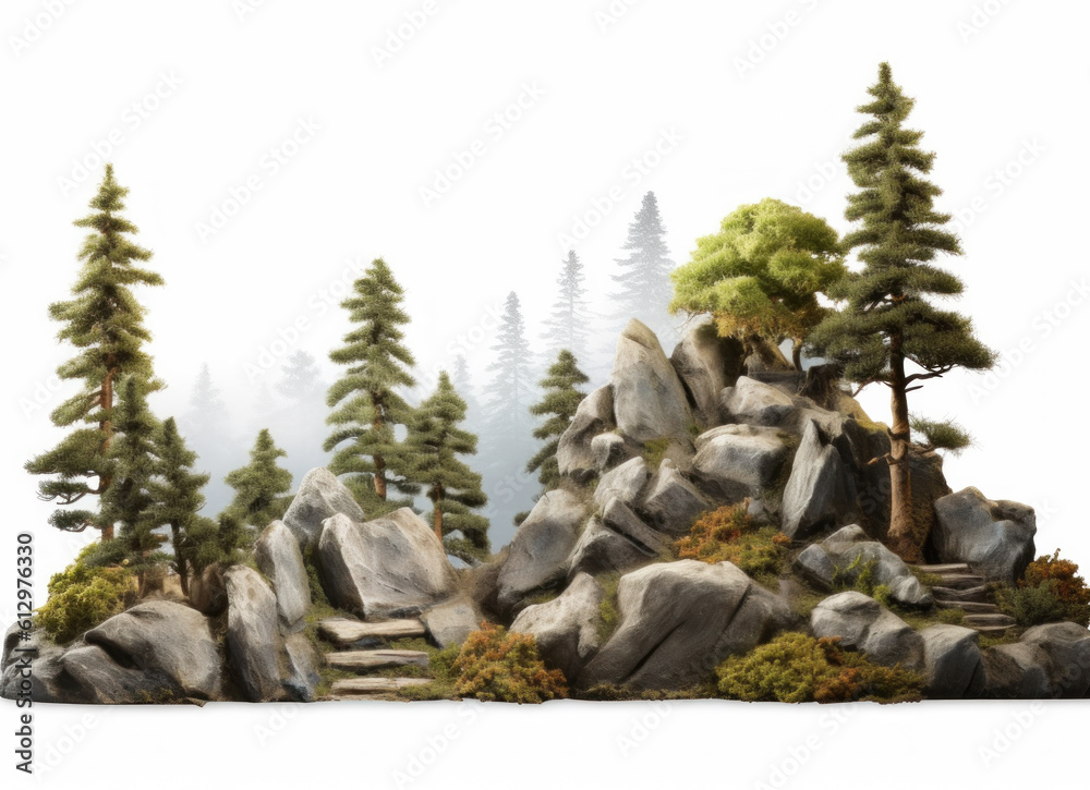 Tree and Rocks Isolated. Illustration AI Generative.