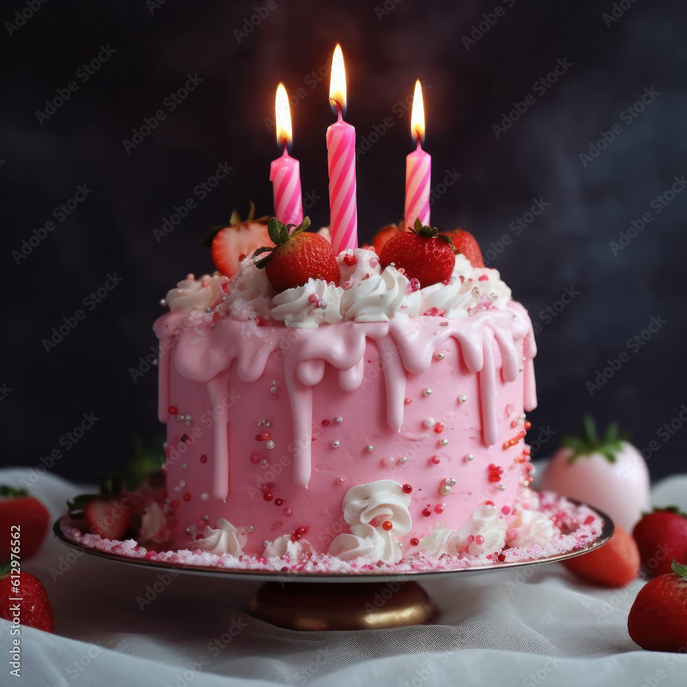 Pink Strawberry Birthday Cake. Illustration AI Generative.