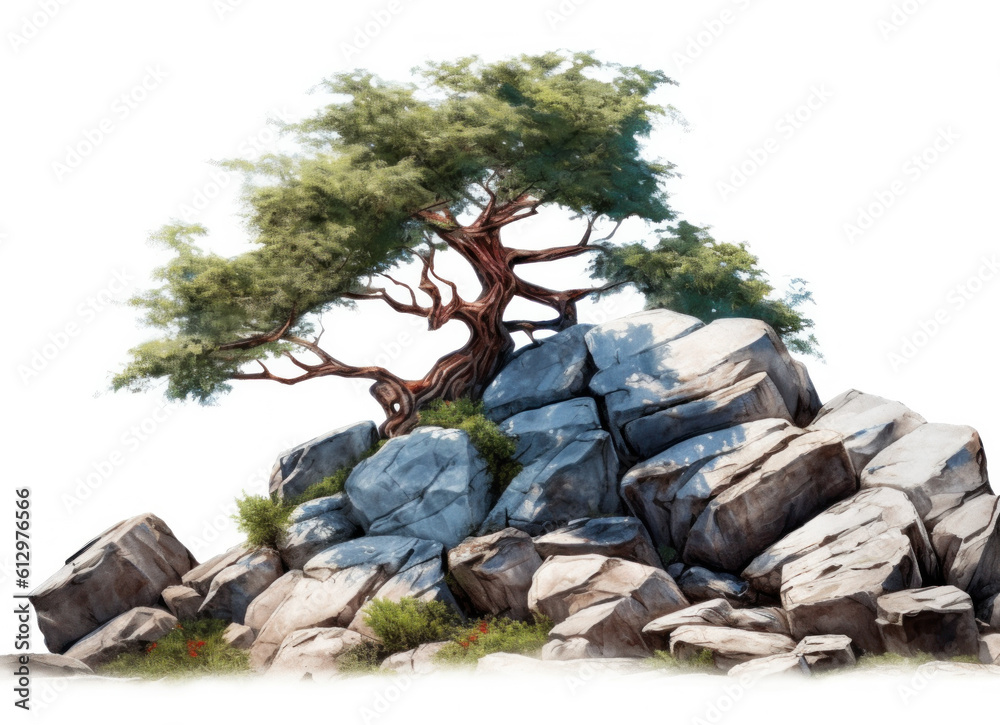 Tree and Rocks Isolated. Illustration AI Generative.