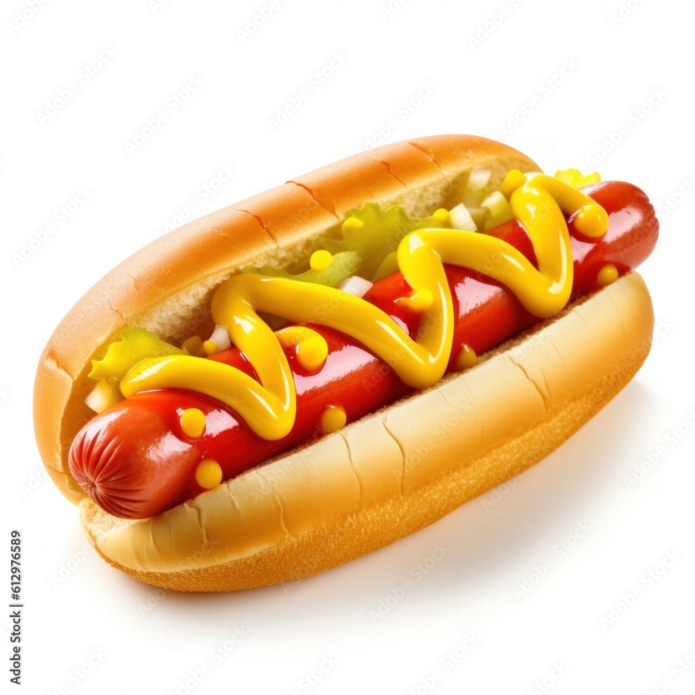 Hot Dog Isolated on white. Illustration AI Generative.