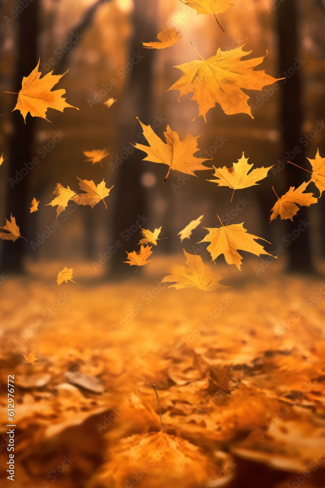 Autumn falling leaves background. Illustration AI Generative.