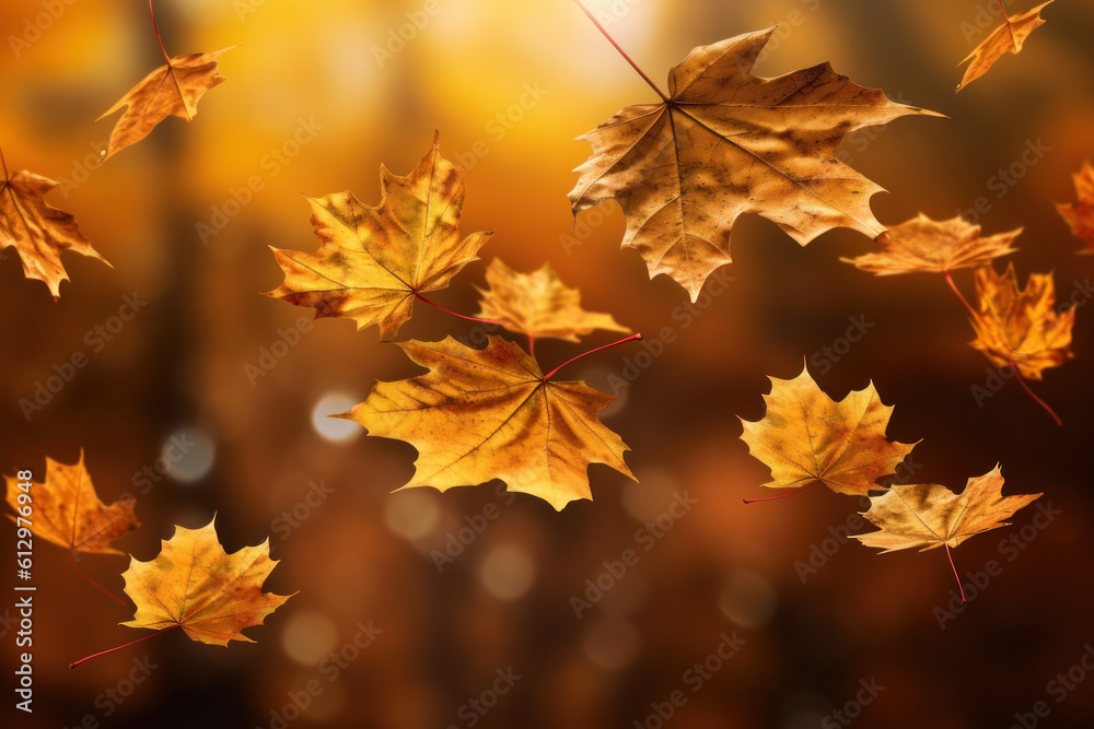 Autumn falling leaves background. Illustration AI Generative.