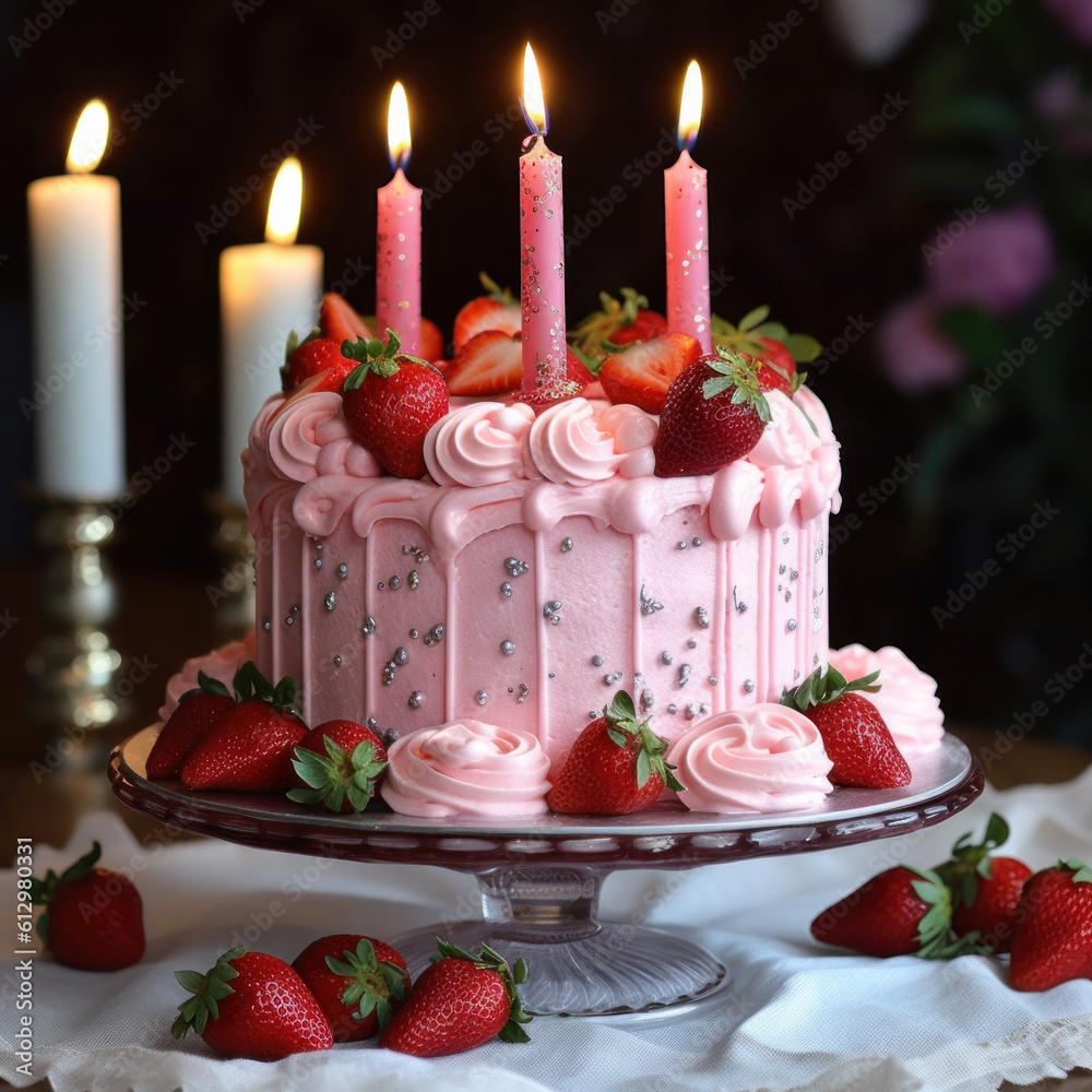 Pink Strawberry Birthday Cake. Illustration AI Generative.