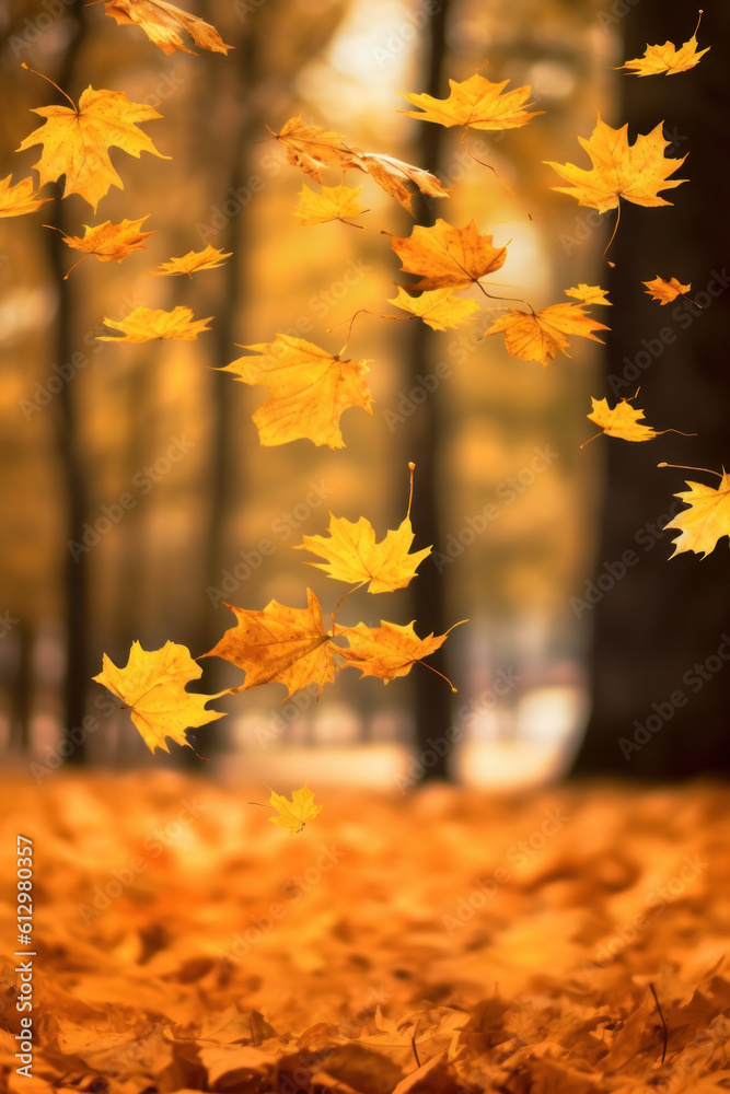 Autumn falling leaves background. Illustration AI Generative.