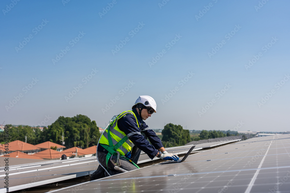 Professional engineer work to maintenance of photovoltaic panel system. 