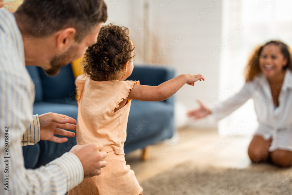 Caucasian family spending leisure free time together indoors in house. 