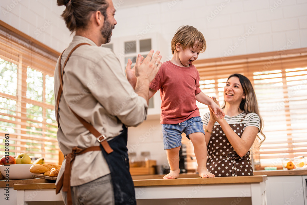 Caucasian family spending leisure free time together indoors in house. 