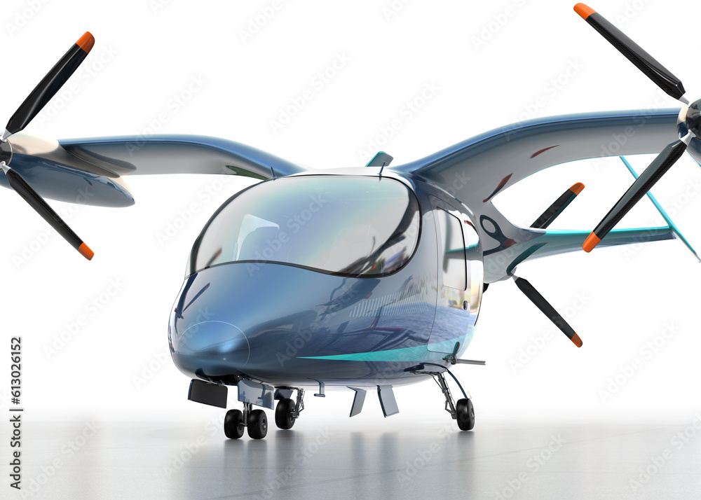 Close-up view of Electric VTOL passenger aircraft on white background. Urban Passenger Mobility conc