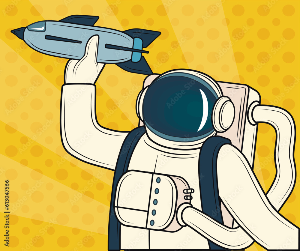 Astronaut with rocket on yellow background