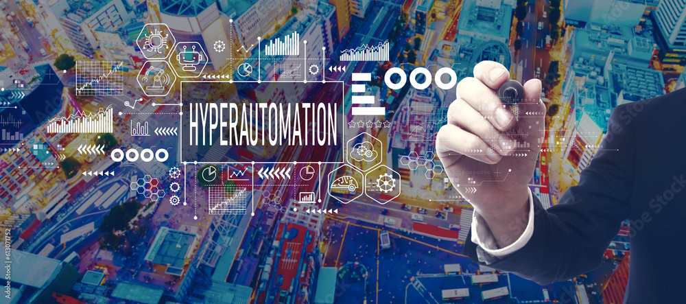 Hyperautomation theme with businessman in a city at night